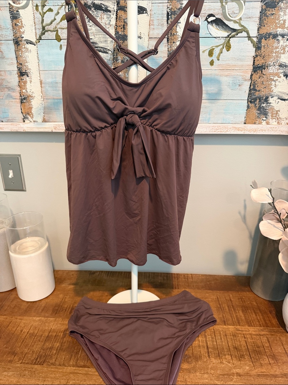 Chocolate Brown Tankini Swim Set with Tie Front